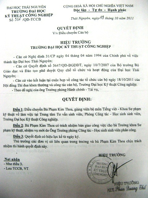 QĐ số 531 điều chuyển bà Phạm Kim Thoa là một thí dụ.